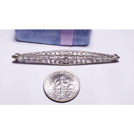 Antique 2 1/8" Open Filigree Elongated Marquise shaped 10Kt White Gold Pin#20739
