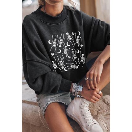 Black Halloween Skeleton Print Drop Sleeve Pullover Sweatshirt