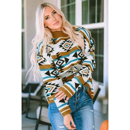Brown Aztec Striped Knit Ribbed Trim Sweater