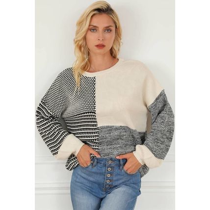 Black Neutral Colorblock Tie Back Sweater