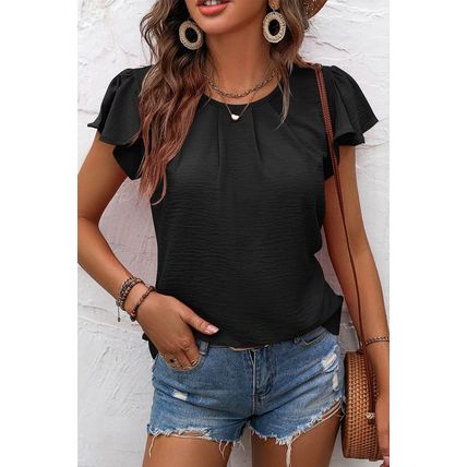 Black Solid Color Textured Pleated Flutter Sleeve Blouse