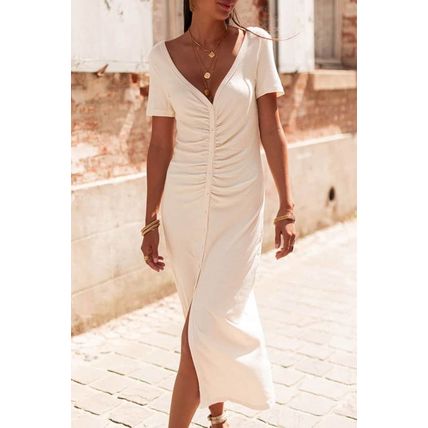 Beige V Neck Ruched Button Front French T-shirt Dress