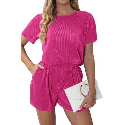 Bright Pink Casual Pleated Short Two-piece Set