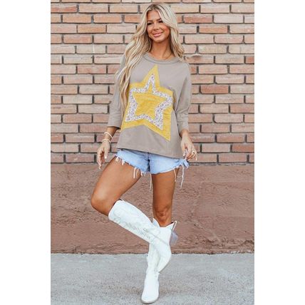 Medium Grey Floral Starbust Exposed Seam Mineral Wash Top