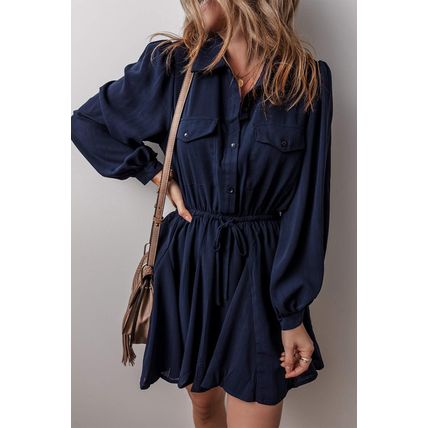Navy Blue Solid Chest Pockets Tunic Shirt Mini Dress