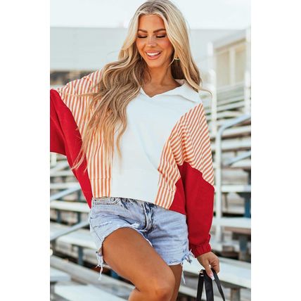 White Striped Color Block Collared V Neck Oversized Sweatshirt