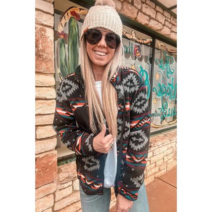 Black Aztec Printed Zip Up Collar Jacket