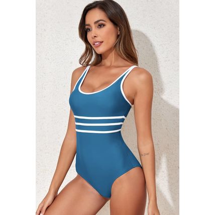 Dark Blue Contrast Trim Colorblock U Neck One Piece Swimwear