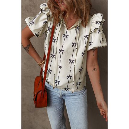 Beige Bow Printed Ruffled Bubble Sleeve Tied Notched V Neck Blouse