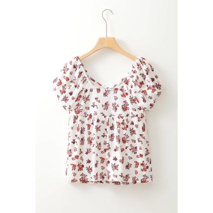 White Boho Floral Ruched Cinched Short Sleeve Blouse