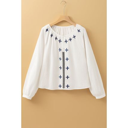 White Geometric Embroidered Long Sleeve Buttoned Blouse
