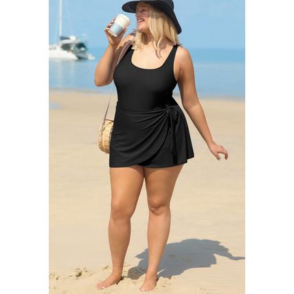 Black Solid Color Square Neck Knotted Plus Size One Piece Swimsuit