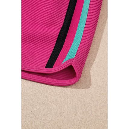 Strawberry Pink Striped Detail Flutter Sleeve Zipped Collar Short Set