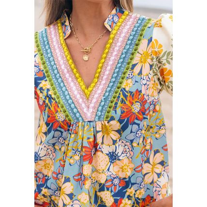 Multicolour Crochet V Neck Half Sleeve Boho Floral Blouse