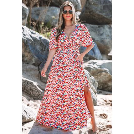 Red Floral Half Sleeve Deep V Neck Cutout Back Split Maxi Dress