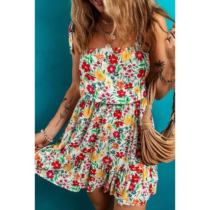 Red Floral Knotted Straps Cinched Waist Ruffle Hem Mini Dress