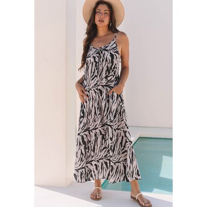 Black Abstract Print Open Back Boho Loose Maxi Sundress