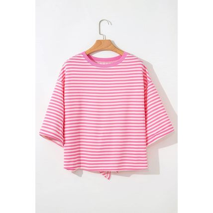Pink Stripe Bowknot Cutout Back Drop Shoulder Wide Bracelet Sleeve Loose Tee