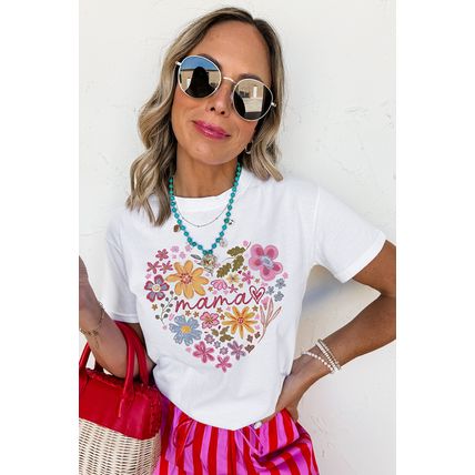 White MAMA Flower Heart Cotton Blend Graphic Tee