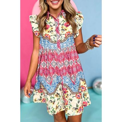 Rose Floral Mixed Pattern Ruffle Flutter Sleeve Buttoned Dress