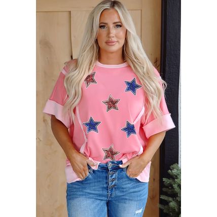 Peach Blossom Independence Day Sequin Star Graphic Contrast Patchwork Tee