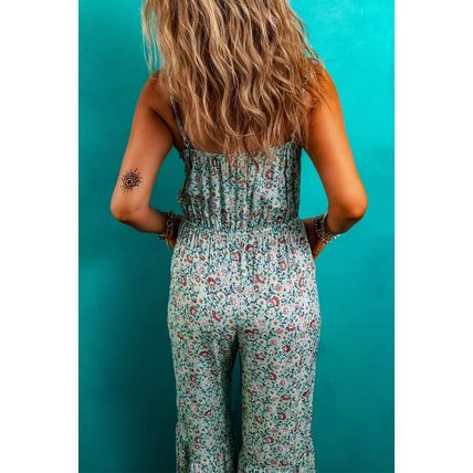Green Bohemian Floral Ruffle Bottom Spaghetti Strap Jumpsuit