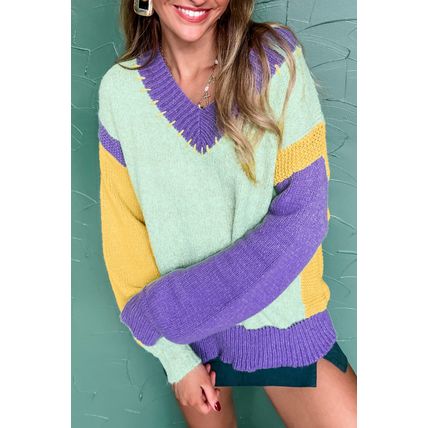 Green Stitched V Neck Color Block Knitted Drop Shoulder Sweater