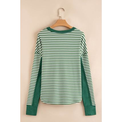 Green Stripe Thermal Knit Drop Shoulder Casual Top