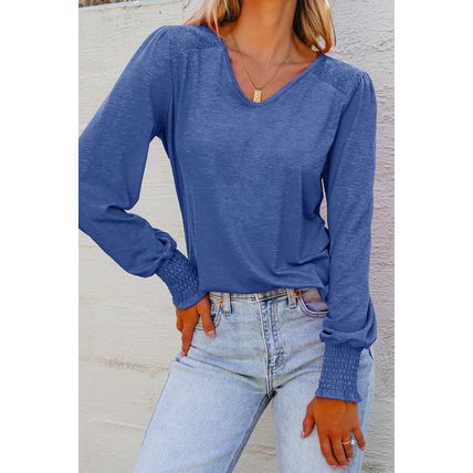 Sky Blue Shirred Shoulder Frilled Cuffs Long Sleeve Top