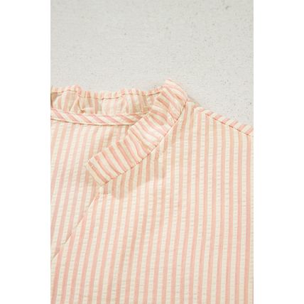 Pink Stripe Bow Knot Cuff Pearl Embellished Puff Sleeve V Neck Blouse