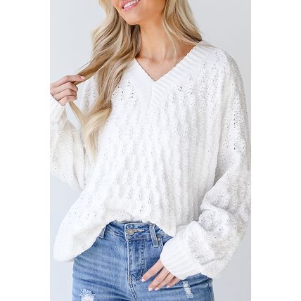 White Textured Knit Ribbed Edge V Neck Loose Sweater