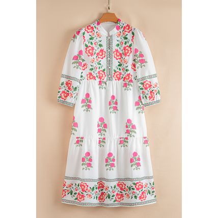 White Floral Print Half Button Mandarin Neck 3/4 Sleeve Maxi Dress