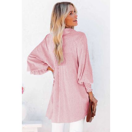 Red Stripe Smocked Cuffed Striped Boyfriend Shirt with Pocket