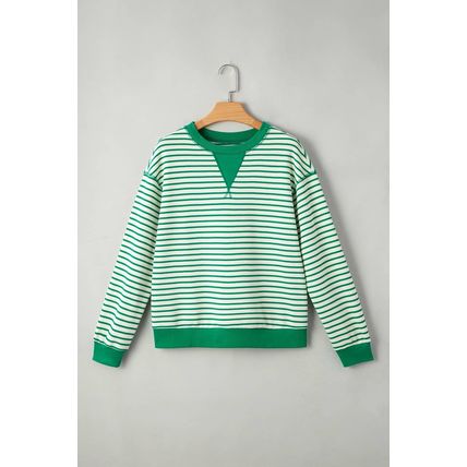 Bright Green Striped Exposed Seam Patchwork Loose Pullover Top