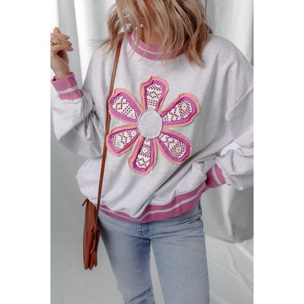 Gray Flower Patch Contrast Trim Crew Neck Sweatshirt