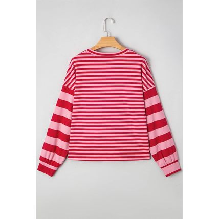 Strawberry Pink Mix Striped Drop Shoulder Patchwork Sleeve V Neck Pullover