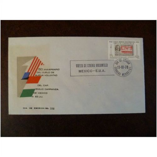 Mexico 1978 50th anniversary Vuelo Mexico-Washington Flight FDC Emilio Carranza