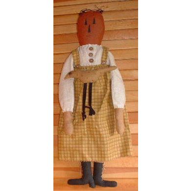 Handmade Painted Pumpkin Head Fabric Doll With Bird Necklace