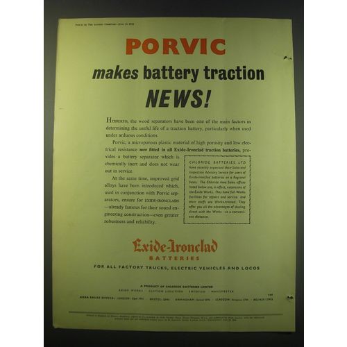 1953 Exide-Ironclad Batteries Ad - Porvic makes battery traction news!