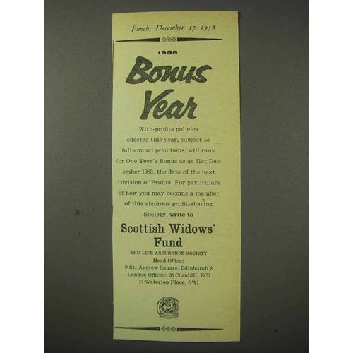 1958 Scottish Widows' Fund Ad - Bonus Year