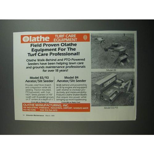 1991 Olathe Ad - 83/93 Aerator Slit Seeder, 84 Aerator/Slit Seeder