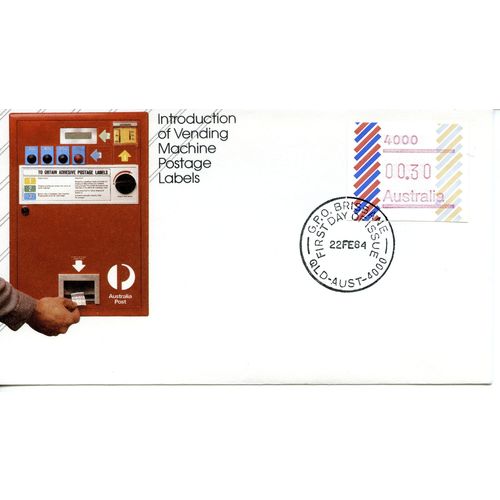 AUSTRALIA 1984 FDC FRAMA Vending Machine Labels Full Set of 7 x 30c Barred Edge