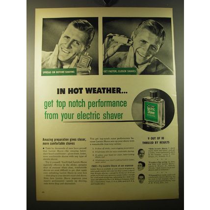 1950 Williams Lectric Shave Ad - In hot weather.. Get top notch performance