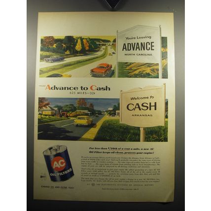 1957 AC Oil Filter Ad - From Advance to Cash 625 miles - 32¢