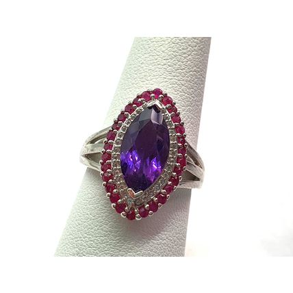 3.7ct Amethyst Burmese Ruby White Topaz Ring Size P½ Rhodium Overlay 925 Silver