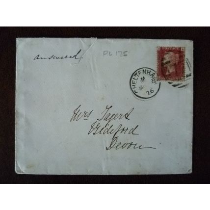 1875 GB QV 1d Red stamp 175 HA duplex cover Cheltenham Bideford Tagert