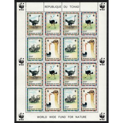 Chad Birds WWF North African Ostrich Sheetlet of 4 sets 1996 MNH