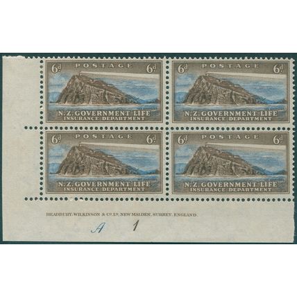 New Zealand 1947 6d chocolate & blue Life Insurance SGL48 unused plate block