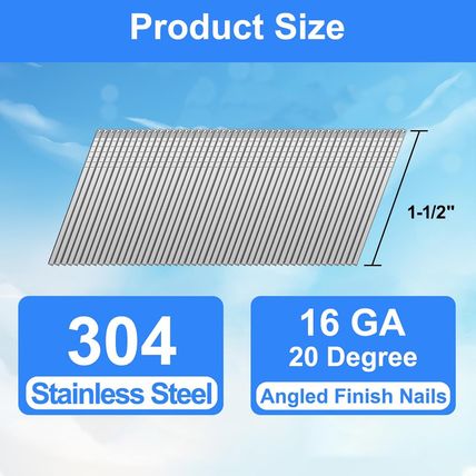 16 Gauge Angled Finish Nails 304 Stainless Steel, (1-1/4", 1-1/2", 2", 2-1/2"),