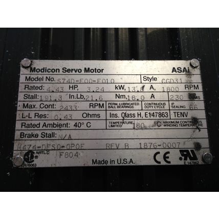 ASAI MODICON S74D-F00-F010 SERVO MOTOR, 4.43HP, 2433-RPM, 230VAC CGD31,TE